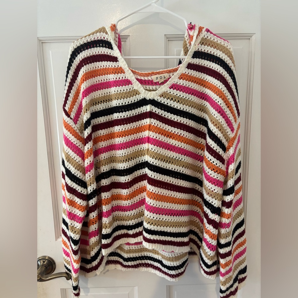 POL V-Neck Striped Sweater with Hood